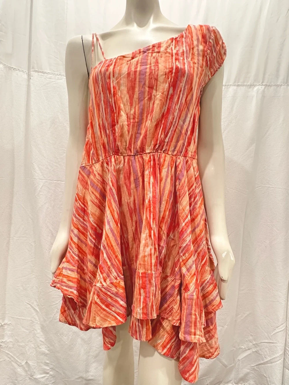 Free People Orange One-Shoulder Ruffled Dress Sz Medium *Missing Belt*